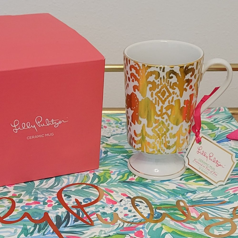 Lilly Pulitzer Tons of Fun Gold & White Ceramic Coffee / Tea Cup - 12 oz.